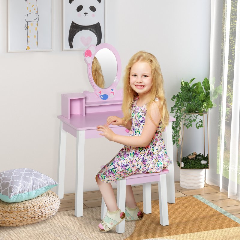 HOMCOM 2 PCS Kids Wooden Dressing Table and Stool Girls Vanity Table Makeup Table Set with Mirror Drawers Role Play Toy for Toddlers Age 3 Years +, Pink and White