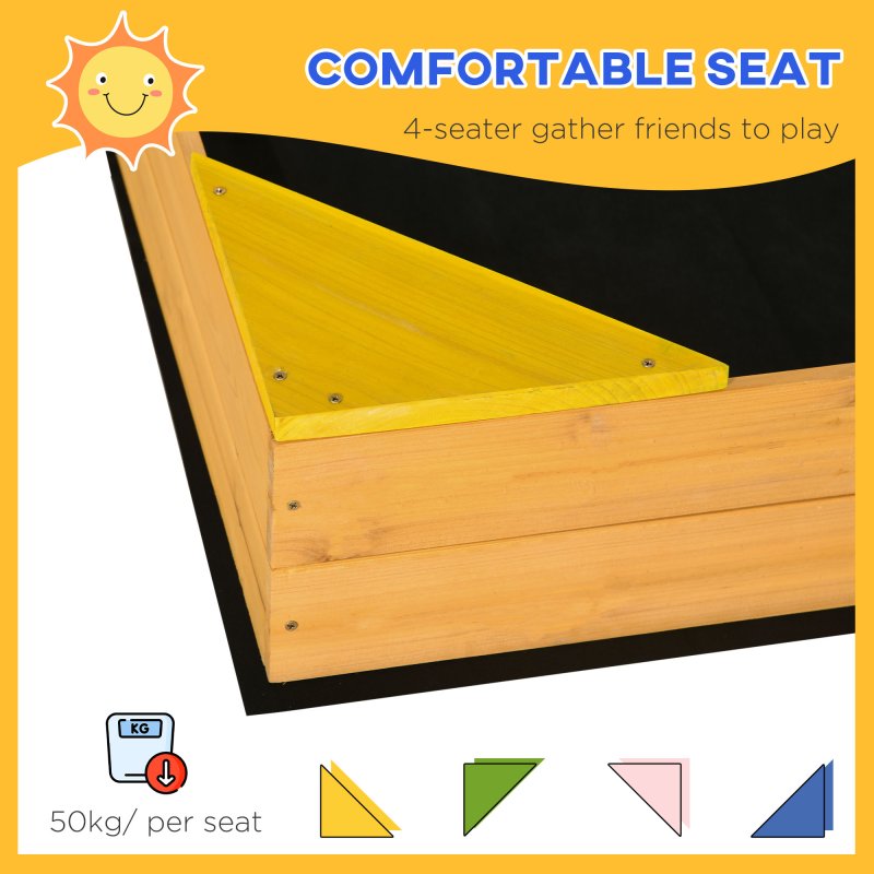 Outsunny Kids Wooden Sand Pit, Children Sandbox w/ Non-Woven Fabric, Four Seats, for Gardens, Playgrounds, 109 x 109 x 20cm - Natural Wood Effect