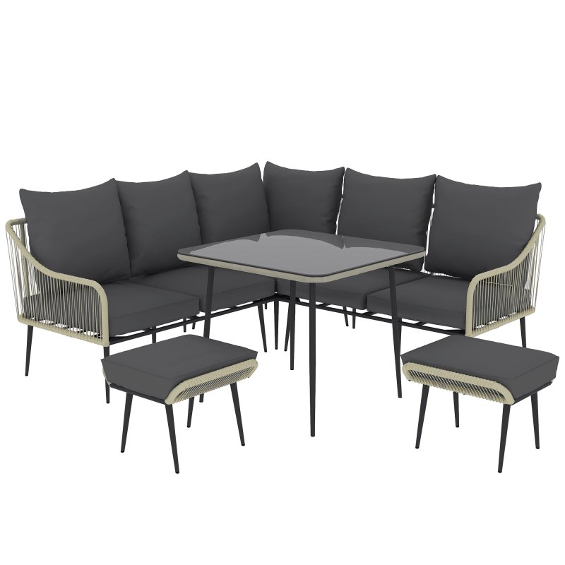 Outsunny 6 Pieces Rattan Garden Furniture Set, Garden Corner Sofa with Thickened Cushions, Outdoor Dining Set with Glass Top Dining Table, Loveseats and Footstools for Conservatory, Light Grey