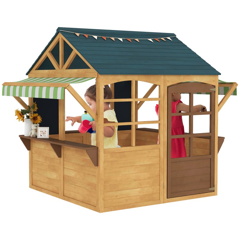 AIYAPLAY Wooden Playhouse for Kids Outdoor, Foldable Wendy House with Windows, Working Door, Service Stations, Rain Covers, Blackboards, Kids Garden Toys for 3-8 Years
