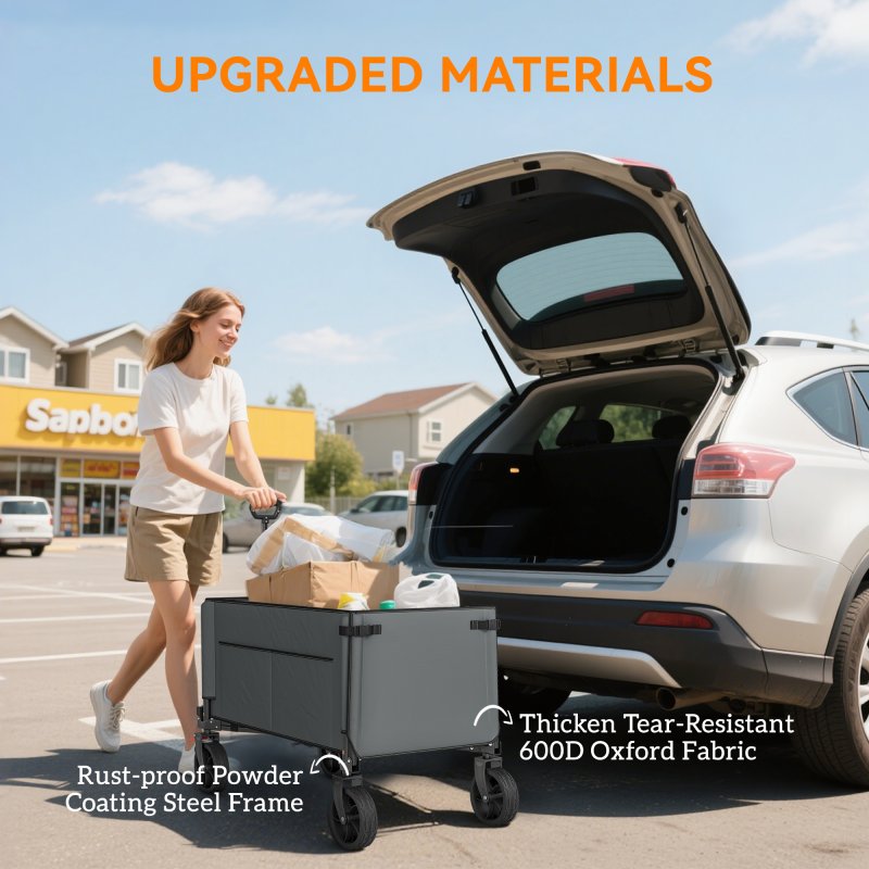 Outsunny Folding Trolley on Wheels, 150L Collapsible Wagon Festival Trolley Cart with Openable Sides, Adjustable Handle and Brakes for Shopping Camping Beach and Garden, Grey