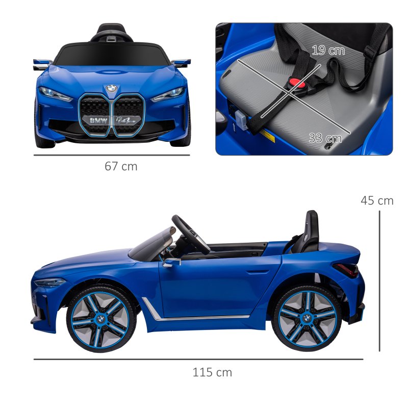 HOMCOM BMW i4 Licensed 12V Electric Car for Kids, Kids Electric Ride-on with Remote Control, Suspension Wheels, Music, Horn, Lights, MP3 Slot, Portable Battery, for Ages 3-6 Years - Blue