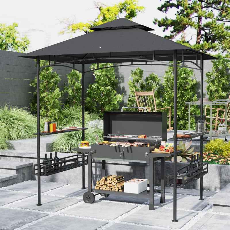 Outsunny 8' x 5' Grill Gazebo Canopy, Double Tiered Outdoor BBQ Gazebo Shelter with 2 Side Shelves, Storage Baskets, Hook for Garden, Patio, Barbecue, Picnic, Dark Grey