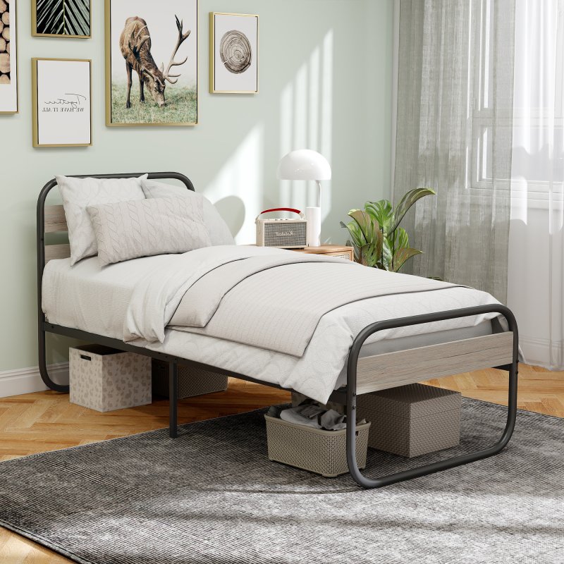 HOMCOM 3ft Single Bed Frame, Industrial Style Metal Platform Bed Frame with Under Bed Storage, No Box Spring Needed, Easy Assembly, Grey