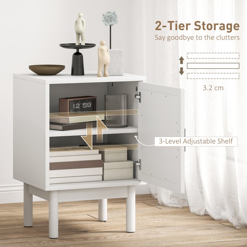 HOMCOM Rattan Bedside Table, Boho Bedside Cabinet with Adjustable Shelf and Solid Wood Legs, Side Table for Living Room, Bedroom, White