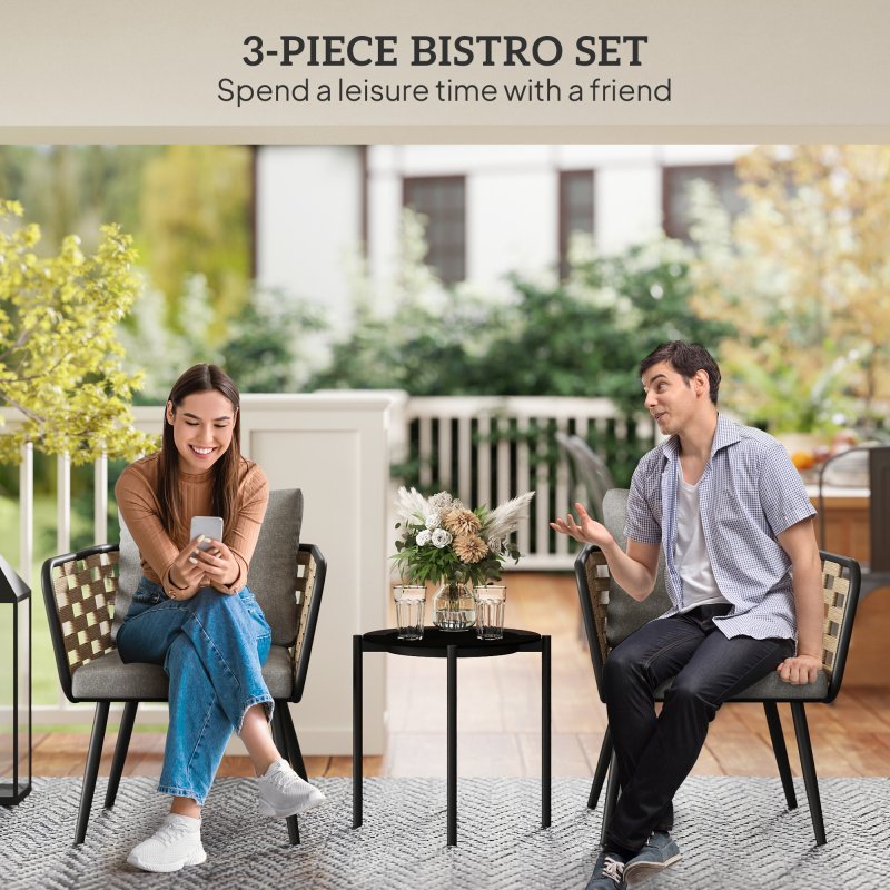 Outsunny 3 Pieces Rattan Bistro Set, Wicker Garden Furniture Set with Washable Seat and Back Cushions, Glass Top Coffee Table, for Outdoor, Patio, Black