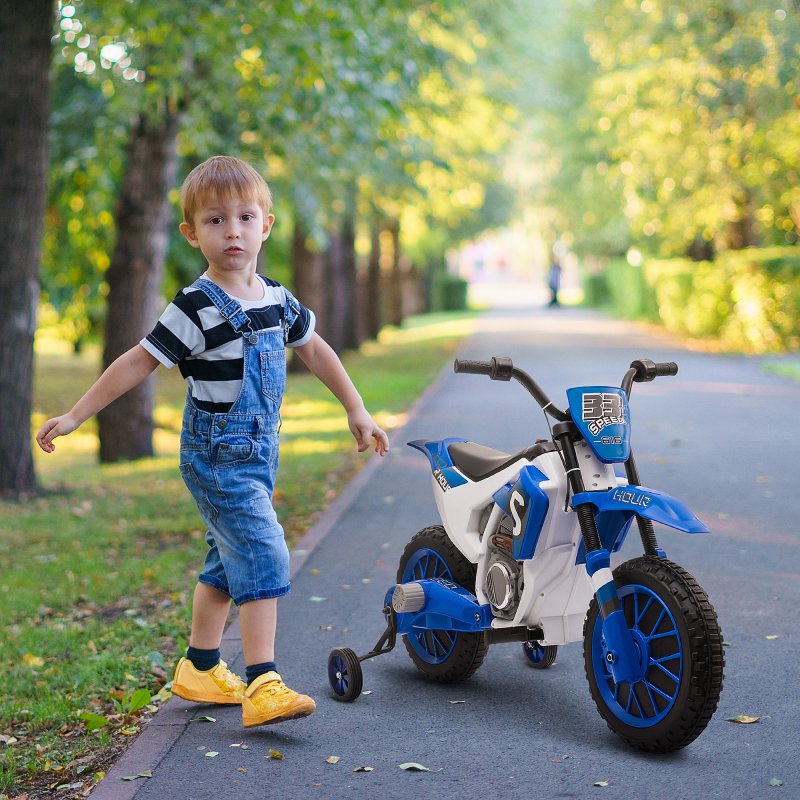 HOMCOM Kids Electric Motorbike, 12V Battery Powered Kids Motorbike for Boys and Girls with Training Wheels, Start-up Button, Pedal, for Ages 3-5 Years - Blue