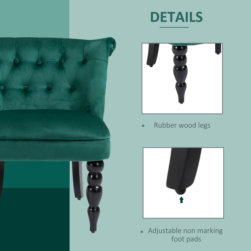 HOMCOM Velvet Accent Chair, Button Tufted Wingback Chair with Rubber Wood Legs for Living Room, Bedroom, Dark Green