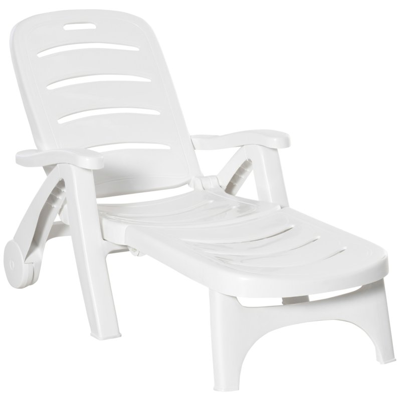 Outsunny Folding Sun Lounger with Wheels, 5-Position Adjustable Outdoor Deck Chair Furniture, Garden Beach Patio Pool Lounger Recliner Seat, White