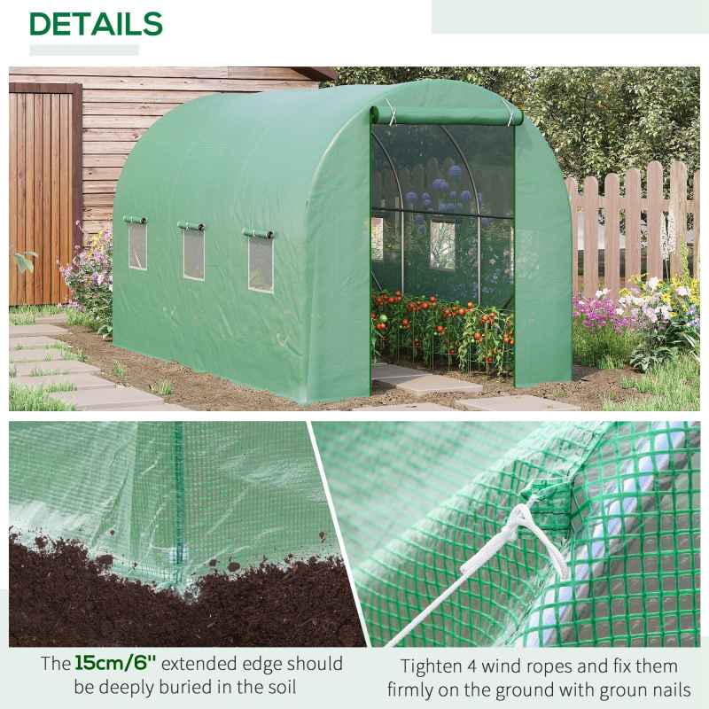 Outsunny 3.5 x 2m Walk-In Polytunnel Greenhouse, with Steel Frame, PE Cover, Roll-Up Door and 6 Windows, Green