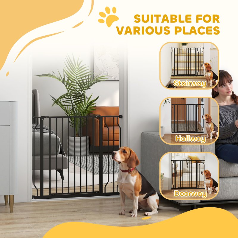 PawHut Dog Gate Wide Stair Gate w/ Door Pressure Fit Pets Barrier for Doorway, Hallway, 76H x 75-95W cm - Black