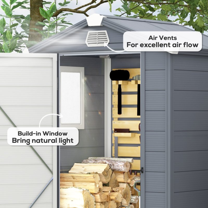 Outsunny 4 x 3ft Plastic Garden Storage Shed with Foundation Kit, Polypropylene Outdoor Storage Tool House with Ventilation Slots and Lockable Door, Grey