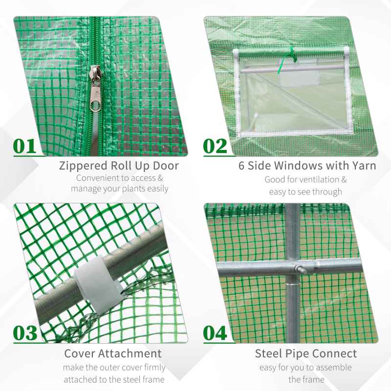 Outsunny 4.5m x 2m Walk-In Polytunnel Greenhouse, with Steel Frame, PE Cover, Roll-Up Door and 6 Windows, Green