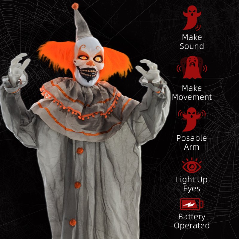 HOMCOM 183cm Orange Classic Clown Outdoor Halloween Decoration, Halloween Animatronic with Sound Activated, Light Up Eyes, Sound Effects, Animated Prop for Haunted House