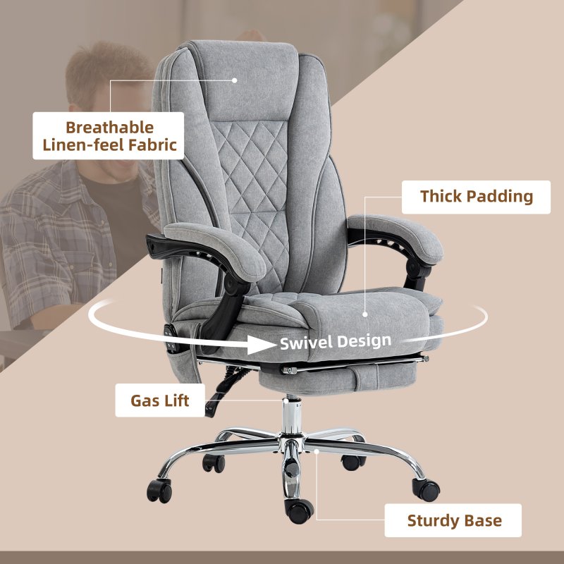 Vinsetto Massage Office Chair with 6 Point Massage and Heat, Desk Chair with Footrest, Reclining Backrest, Swivel Wheels, Adjustable Height, Grey