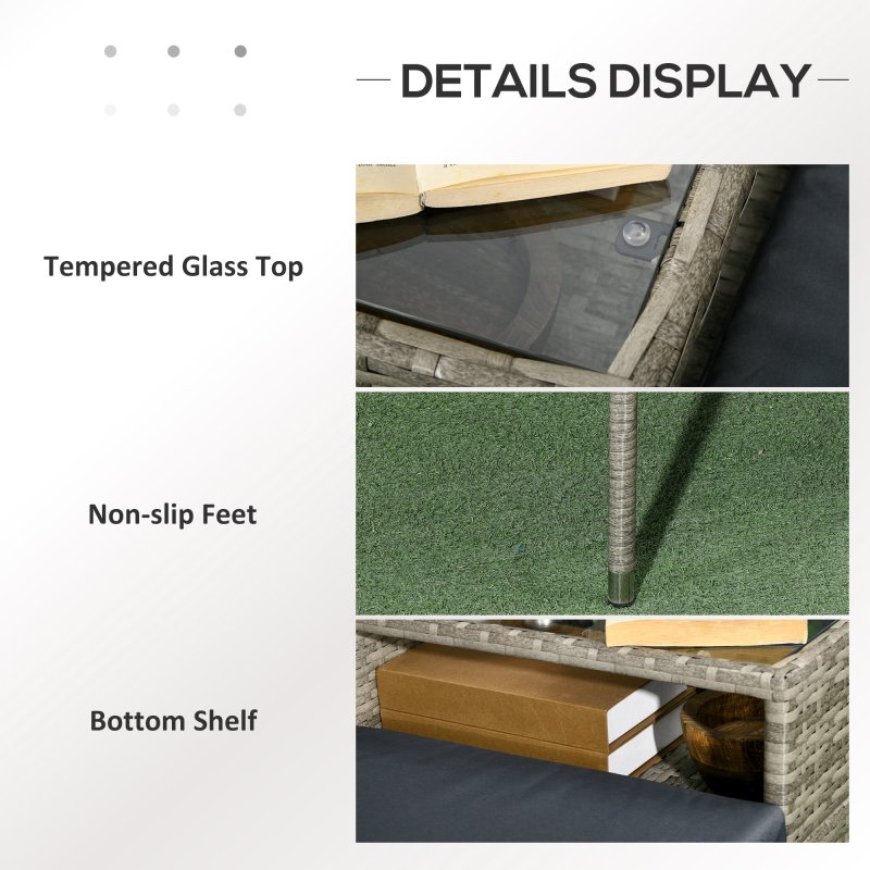 Outsunny 2 Seat Rattan Garden Bench, Patio Wicker Chair with Glass Tea Table, Outdoor Love Seat with Padded Cushions, for Garden, Porch, Mixed Grey/Grey