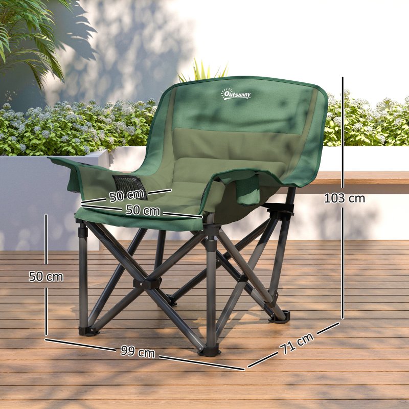 Outsunny Folding Camping Chair for Adults, Portable Padded Folding Chair with Cup Holders, Side Pockets and Carry bag for Picnic, Hiking, Fishing, Olive Green