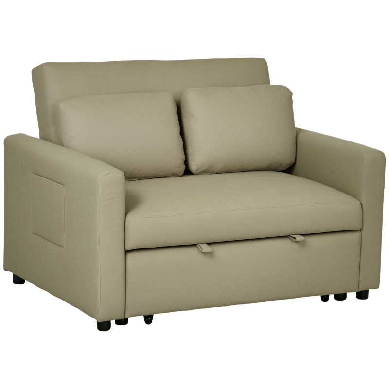 HOMCOM 2 Seater Sofa Bed, Convertible Bed Settee, Modern Fabric Loveseat Sofa Couch with 2 Cushions, Side Pockets for Living Room, Guest Room, Light Brown