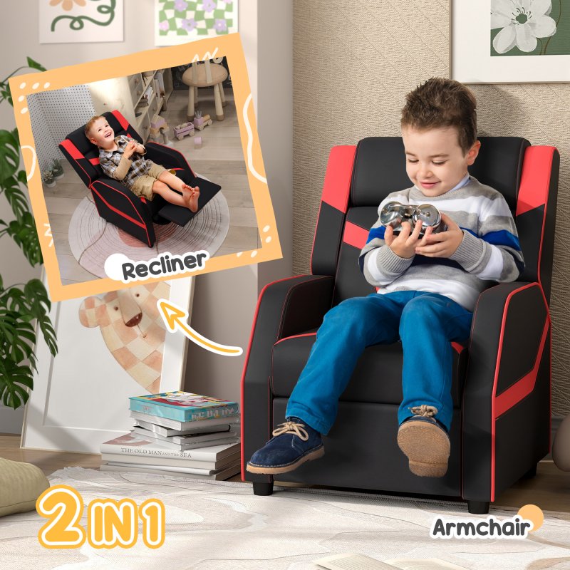 AIYAPLAY Kids Recliner, 2 in 1 Toddler Gaming Recliner with Backrest, Armrest, Footrest, PU Leather Lounge Armchair for Playroom, Bedroom, Kids Room, Black
