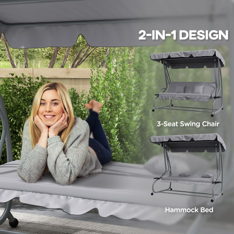 Outsunny 2-in-1 Garden Swing Seat Bed, 3 Seater Convertible Swing Chair Bench with Tilting Canopy, Cushioned Seat and 2 Pillows for Patio, Garden, Light Grey