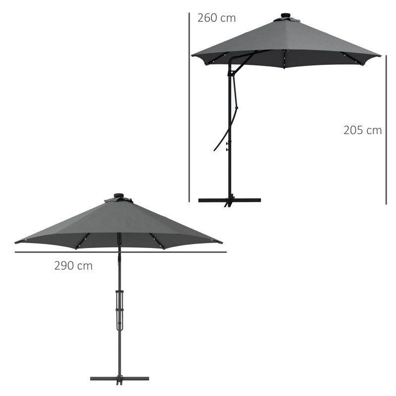 Outsunny 3(m) Cantilever Parasol with Solar LED and Easy Lever, Garden Parasol Umbrella with Cross Base and Waterproof Cover, Outdoor Sun Shades, Dark Grey