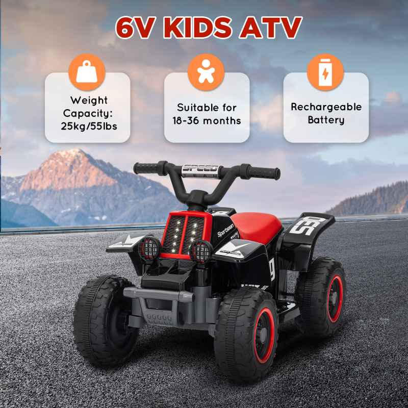 AIYAPLAY 6V Electric Car for Kids, Battery Powered Kids ATV, Quad Bike with Forward Backward, LED Headlights, for Ages 18-36 Months, Red