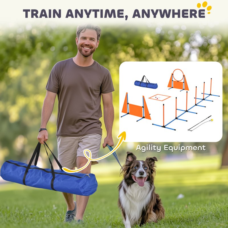 PawHut Dog Agility Equipment, 7-Piece Pet Agility Training Set with Weave Poles, Jump Ring, Hurdle, Pause Box, Bag, Obstacle Training Course Kit, Orange