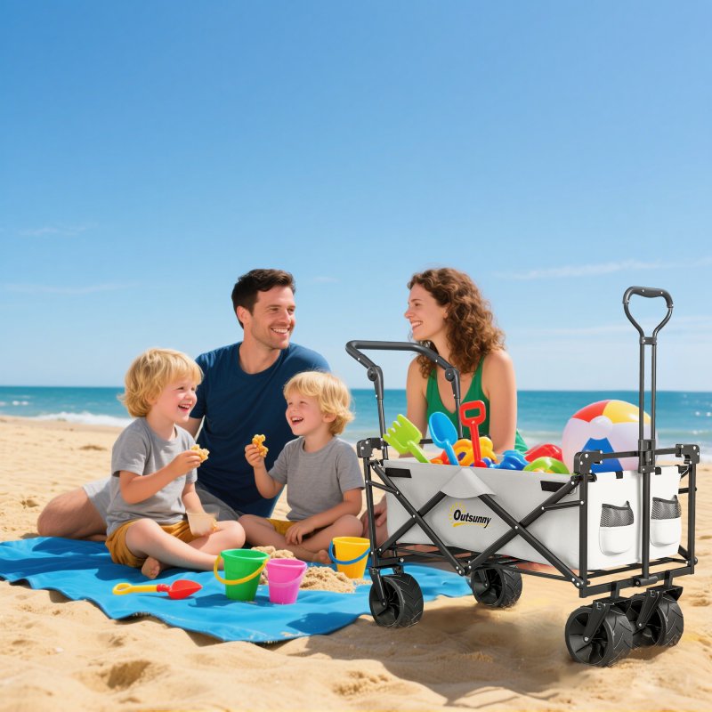 Outsunny 120L Festival Trolley on Wheels, Folding Camping Trolley Cart with Removable Canopy, All-Terrain Wheels, Adjustable Handle and Side Pockets for Garden Beach Fishing Shopping, Grey