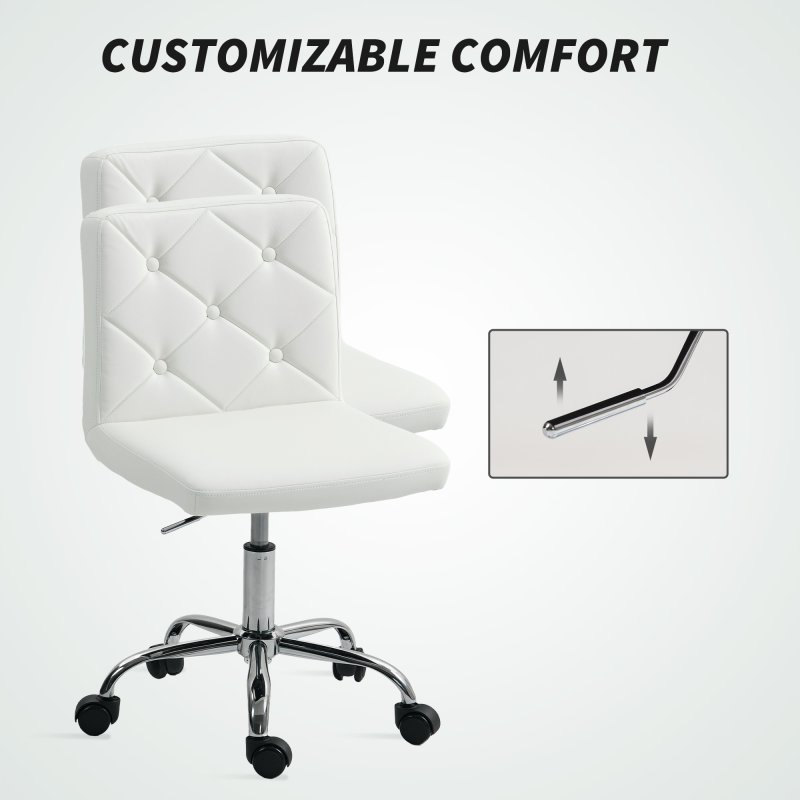HOMCOM PU Leather Armless Office Chair, Modern Vanity Computer Swivel Chair with Rolling Wheels and Adjustable Height for Home Study, Bedroom, White
