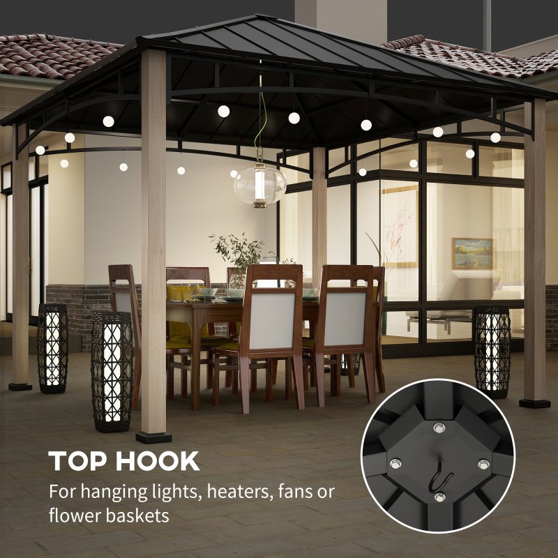 Outsunny 3 x 3(m) Hardtop Gazebo Canopy with Galvanised Metal Roof, Garden Gazebo Permanent Pavilion with Wood Grain Strong Columns and Top Hook for Patio, Deck