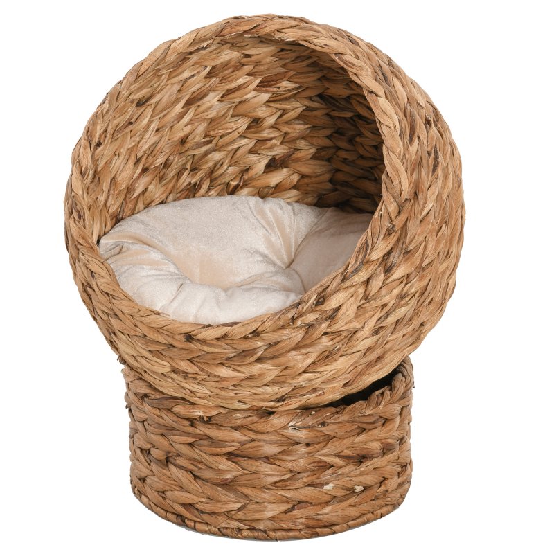 PawHut Woven Banana Leaf Elevated Cat Bed Wicker Kitten Basket Pet Den. House Cosy Cave with Soft Cushion Dome 50x42x60cm Brown