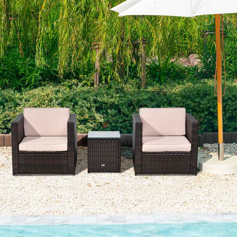 Outsunny 3 Pieces Rattan Bistro Set, Wicker Garden Furniture Set with Glass Top Coffee Table and Chairs, Thickened Washable Cushions for Outdoor, Patio, Balcony, Brown