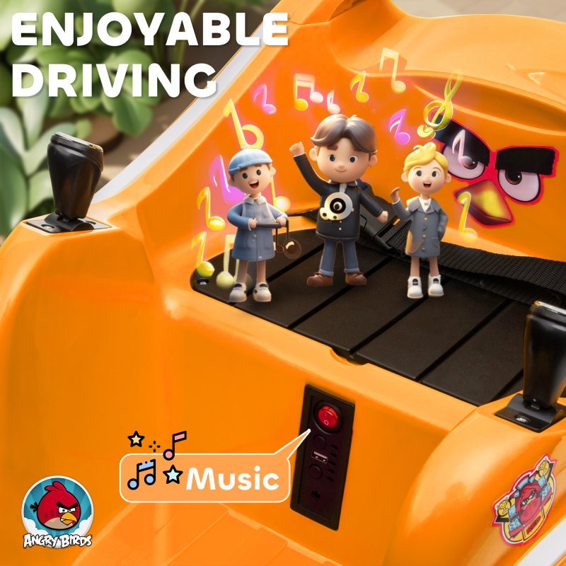 AIYAPLAY Angry Bird Licensed 12V Kids Bumper Car, 360 Rotation Waltzer Car with Joysticks, Remote Control, Music USB LED Lights, for 3-5 Years Old - Orange