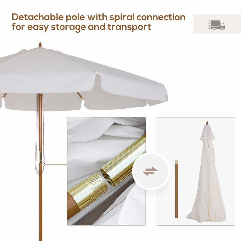 Outsunny 3.3m Wooden Garden Parasol Umbrella, Outdoor Sun Shade Canopy with 8 Bamboo Ribs, Ruffles and 4.7 cm Wood Pole for Balcony Deck Yard Market Beach Pool, Cream White