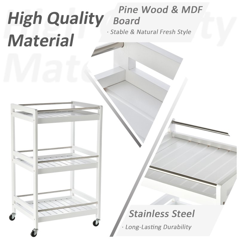 HOMCOM 3-Tier Home Trolley Kitchen Storage Cart w/ Steel Bars 4 Universal Wheels Rolling Unit Organiser Living Room White