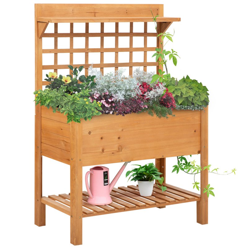 Outsunny Wooden Planter Boxes, Raised Garden Bed Elevated Planter with 2 Shelves for Flower Herb Vegetable Outdoor/Indoor, 105x40x135cm
