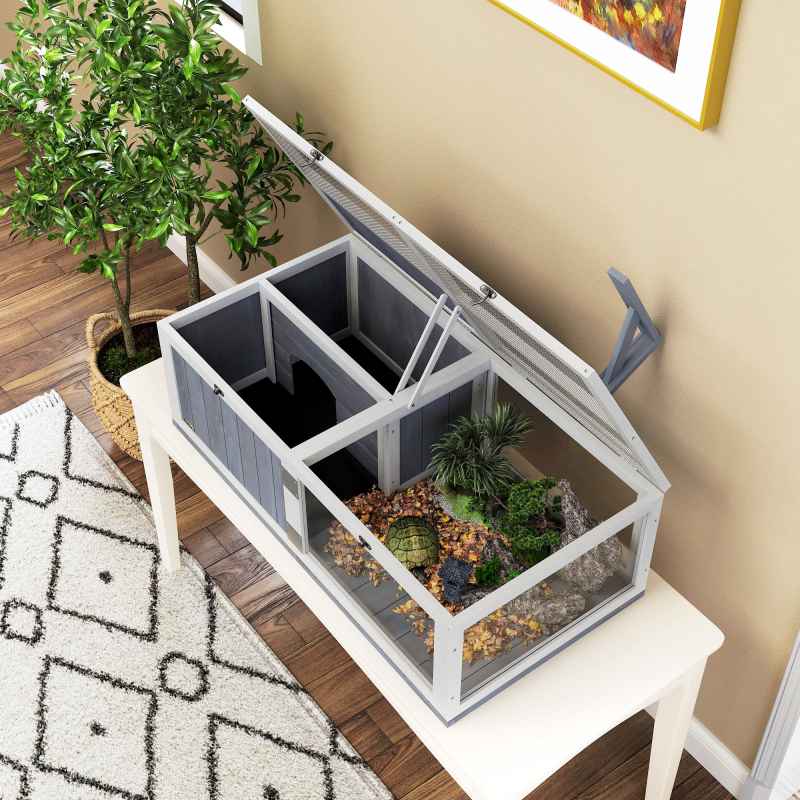 PawHut Tortoise House with Lamp Holder, Wooden Tortoise Enclosure with Clear Observation Windows, Openable Tops, Built-in Tray, Two-Room Turtle Table for Indoor Use, Light Grey