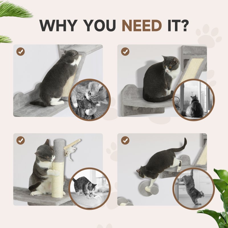 PawHut Cat Wall Furniture, 3 Piece Cat Shelves with Scratching Posts, Scratching Pads, Perches, Cat Wands, Toy Balls, Corner Design Cat Wall Shelves for Indoor Cats, Kittens, Light Grey