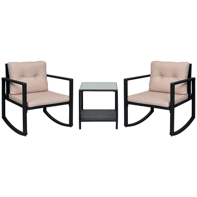 Outsunny 3 Pieces Rattan Garden Rocking Chair Set, Outdoor Rocking Bistro Set w/ 2 Cushioned Armchair and Glass Top Two-tier Coffee Table, Black
