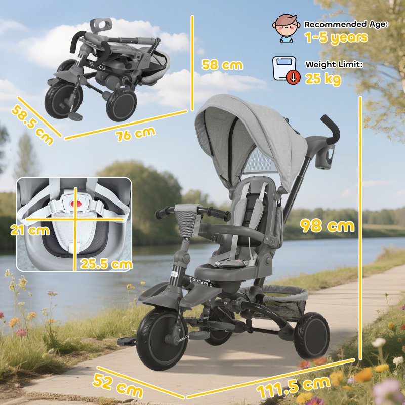 AIYAPLAY Kids Trike, 6 in 1 Toddler Tricycle with Adjustable Parent Handle & Canopy, Convertible Seat, for Ages 1-5 Years, Foldable Baby Trike with Safety Harness, Storage Basket & Bag, Grey