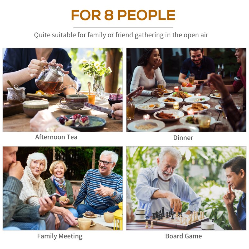 Outsunny 8 Seater Wooden Picnic Table and Garden Benches Set, Round Garden Dining Set with 4 Benches and Umbrella Hole Outdoor Garden Park, Brownish Red