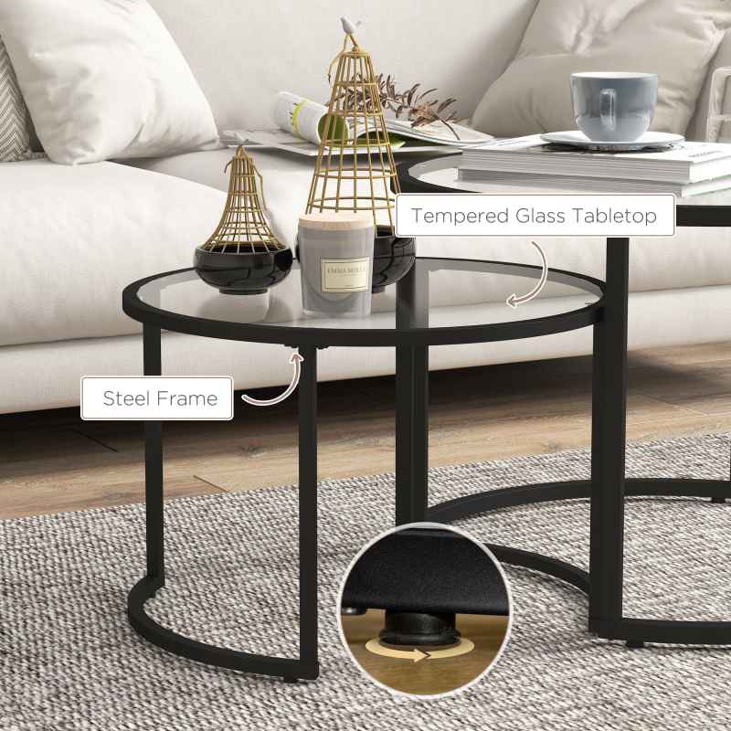 HOMCOM Coffee Table Set of 2, Modern Nest of Tables with Tempered Glass Top, Steel Frame for Living Room, Black