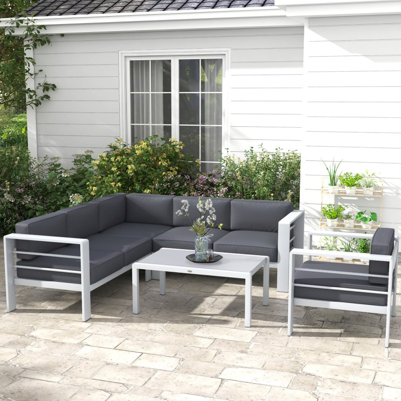 Outsunny 5-Piece Garden Corner Sofa Set with Cushions, 6 Seater Aluminium Garden Furniture Set with Glass Top Coffee Table, Patio Sectional Conservatory Furniture for Patio & Terrace, Light Grey