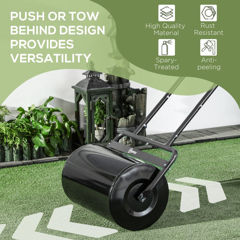 Outsunny Combination Push/Tow Lawn Roller Filled with 38L Sand (62kg) or Water, Great for the Garden 32 x 50cm Roller, Black