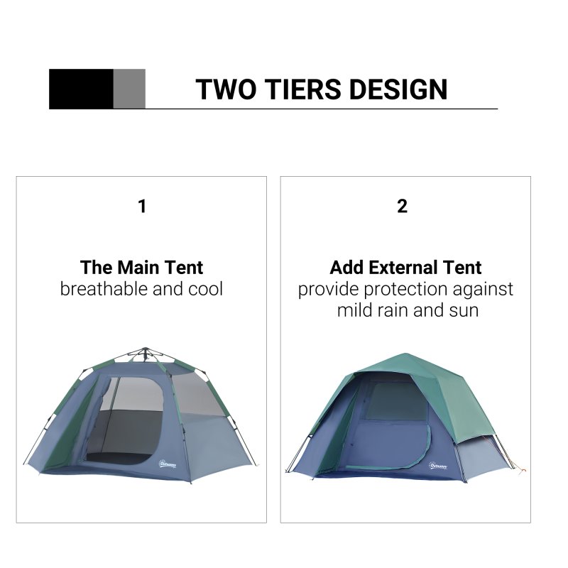 Outsunny 3-4 Person Pop-Up Camping Tent Hiking Family Travel Shelter Portable Double Layer Automatic Outdoor Olive Green