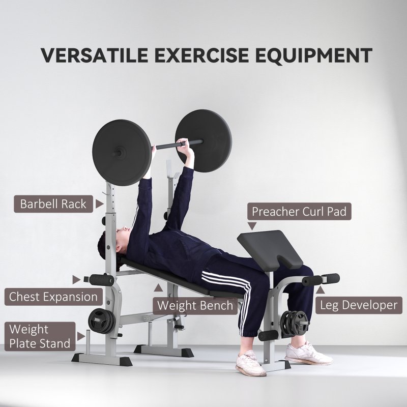 HOMCOM Adjustable Weight Bench with Squat Rack, Heavy Duty Bench Press Rack with Preacher Curl Pad, Leg Developer, Barbell Rack, Butterfly, Home Gym Strength Training Multiuse Workout Bench, Grey