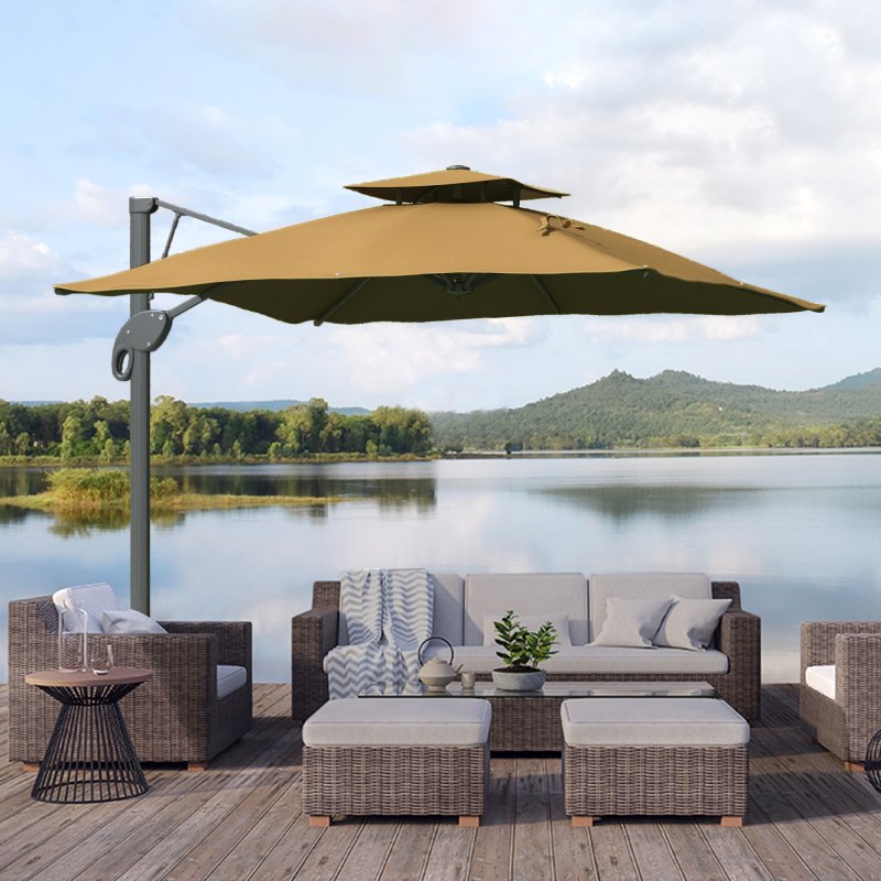 Outsunny 3 x 3 m Cantilever Parasol with Hydraulic Opening, Heavy Duty Aluminium Hanging Garden Parasol, Double Top Square Patio Umbrella with 360 Rotation, 8 Ribs, Cross Base, Khaki