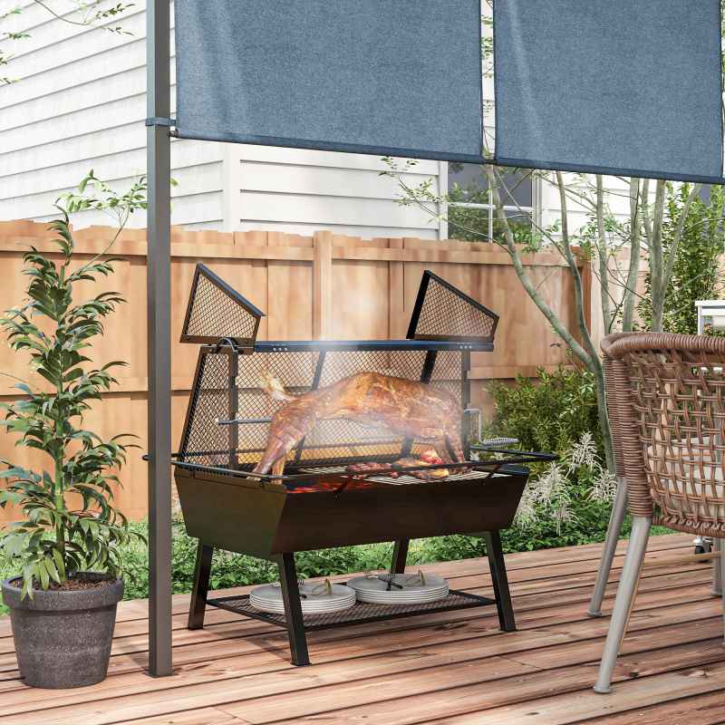 Outsunny 3-in-1 BBQ Rotisserie Grill Roaster Fire Pit with Storage Shelf, Mesh Lid and Poker, Charcoal Chicken Spit Roast Machine with Waterproof Cover for Outdoor Picnic Camping, Black