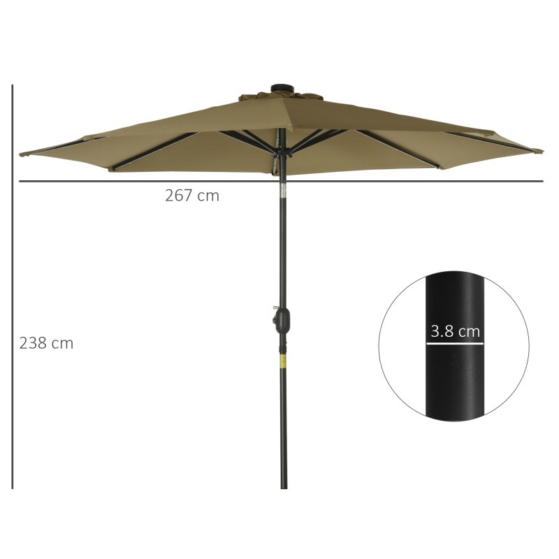 Outsunny 2.7m Patio Garden Umbrella Outdoor Parasol Outdoor Market Table Umbrella with Tilt Crank and 24 LEDs Lights (Brown)