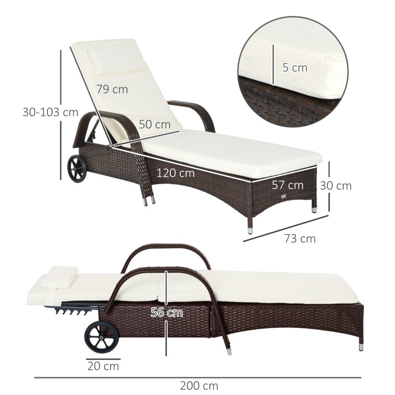 Outsunny Rattan Sun Lounger, Garden Lounger Recliner with Wheels and Adjustable Backrest, Outdoor Reclining Sunbed Garden Chair with Cushion and Headrest for Patio, Beach, Terrace, Brown